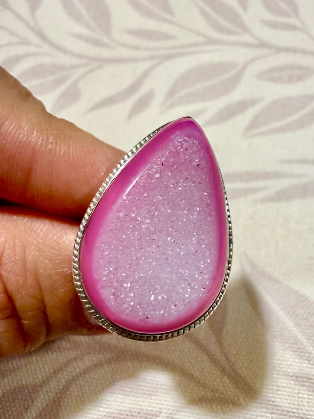 Pink Teardrop Druzy Sterling Silver Adjustable Ring